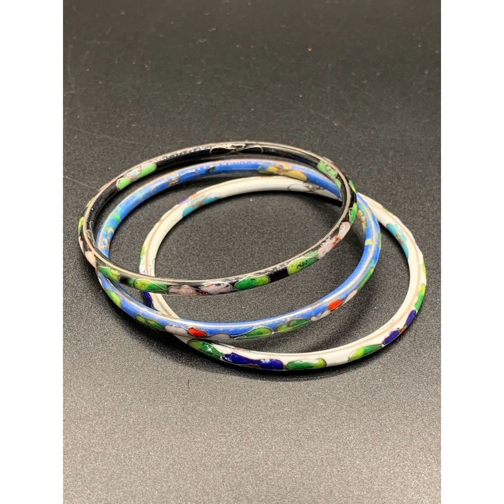 Cloisonne bracelets set of 3 enameled bangles white black and blue